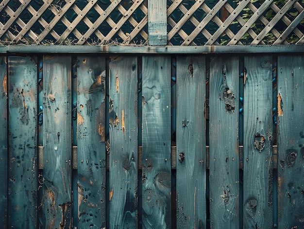 a wooden fence with a blue and white background