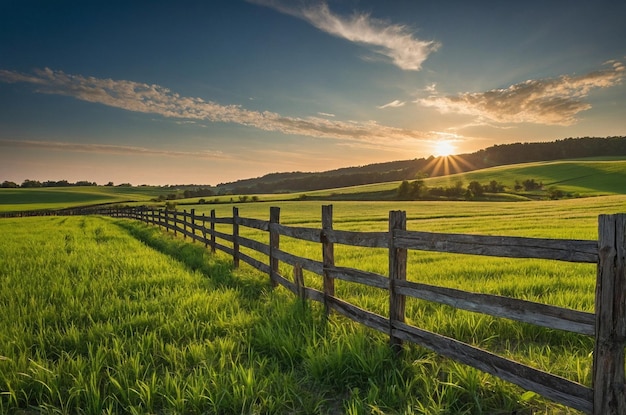 a wooden fence with a fence and the sun setting behind it