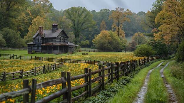 a wooden fence with a house in the background and a fence with flowers in the foreground