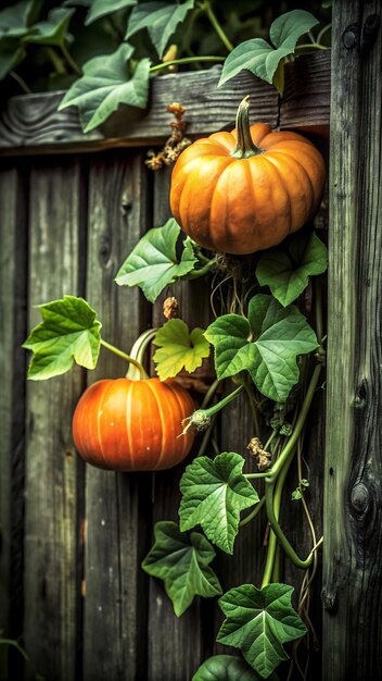 Photo a wooden fence with three pumpkins on it and one of them has a green leaf