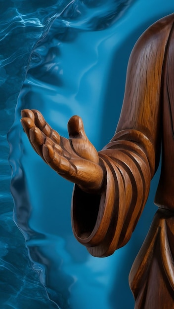 Wooden figure hand on blue background Copy space