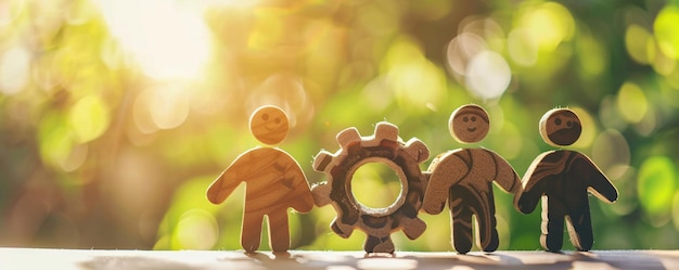 Wooden figures of business people holding a gear symbolizing teamwork and collaboration