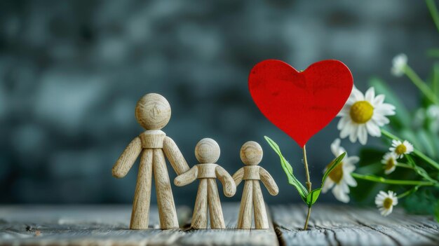 Wooden figures of a family with a red heart and flowers symbolizing love and togetherness