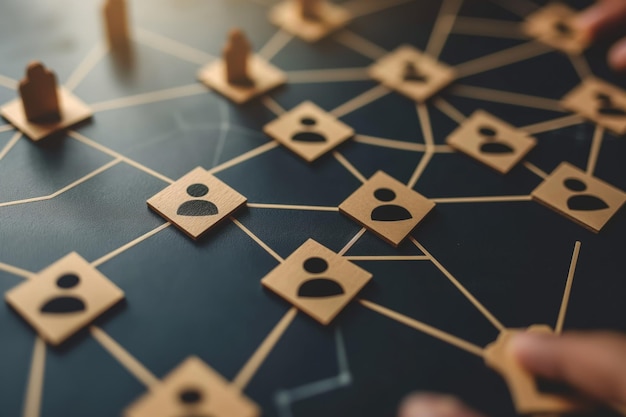 Wooden figures representing people connected by lines on a dark surface symbolizing collaboration and network