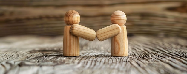 Photo wooden figures symbolizing agreement and partnership shaking hands against a rustic wood backdrop