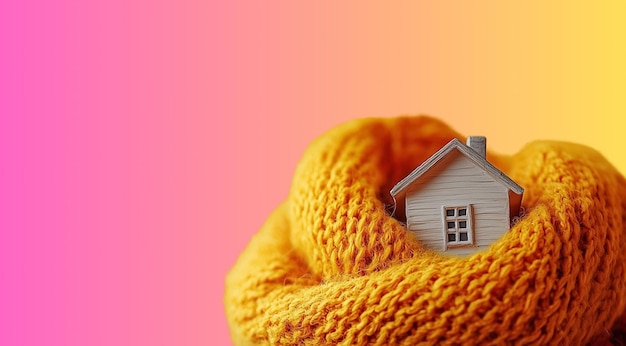 Wooden figurine of a house wrapped in a yellow scarf on a gradient pink and yellow background with s