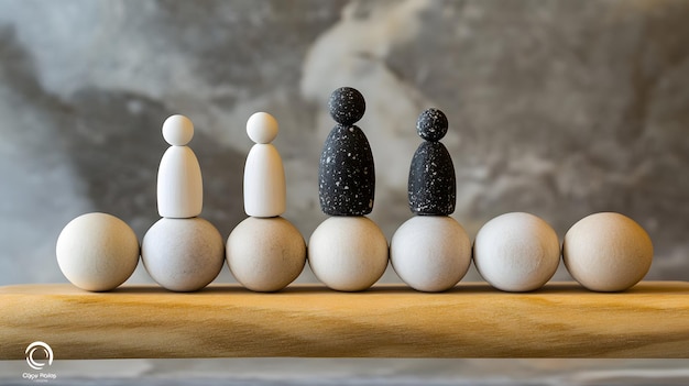 Photo wooden figurines balanced on round objects