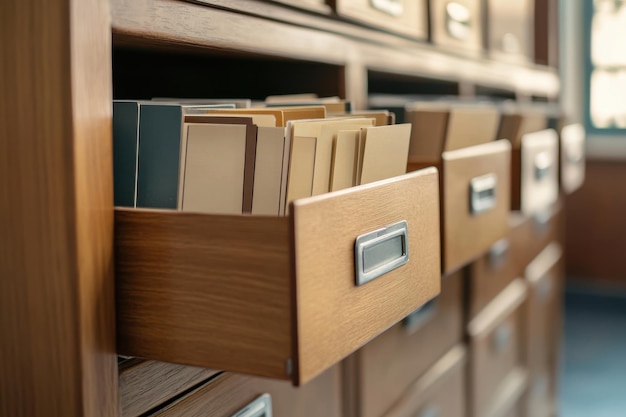 Photo a wooden file cabinet with open drawers revealing assorted colored files in a bright room