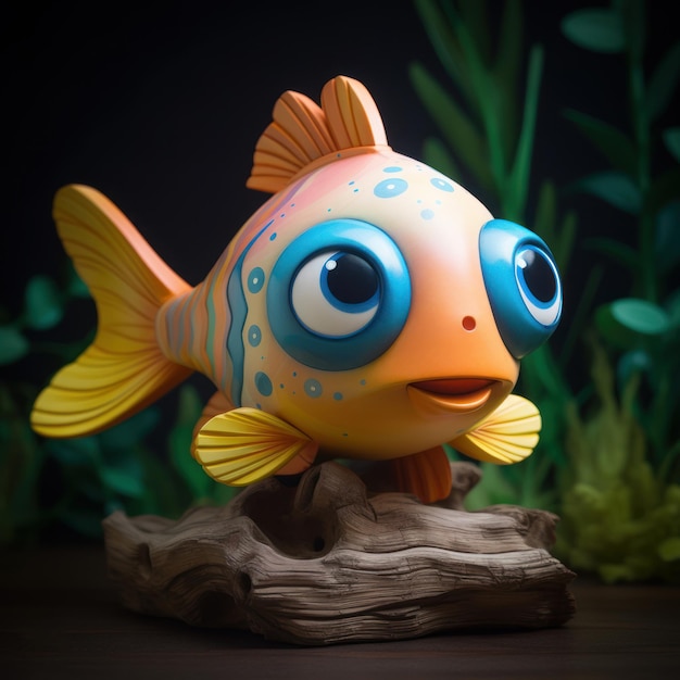 Wooden Fish Figure With High Detailed Face And Bright Colors