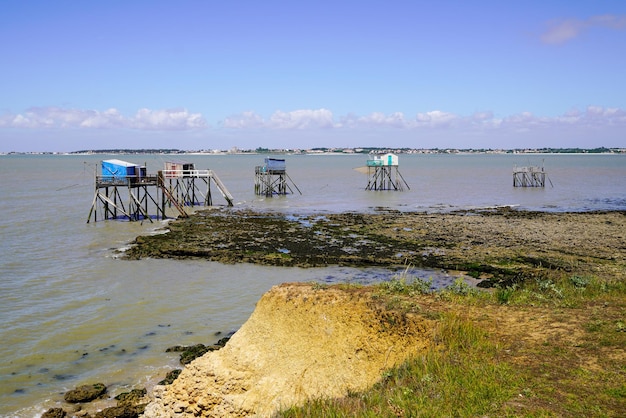 Wooden fisherman hut on stilts wood in gironde river in SaintPalaissurMer france