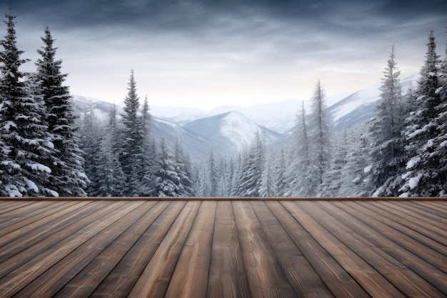 Photo wooden floor against snowy landscape with fir trees forest in the mountains