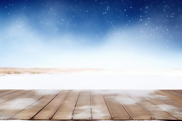 Photo wooden floor against snowy landscape with snowflakes and blue sky background