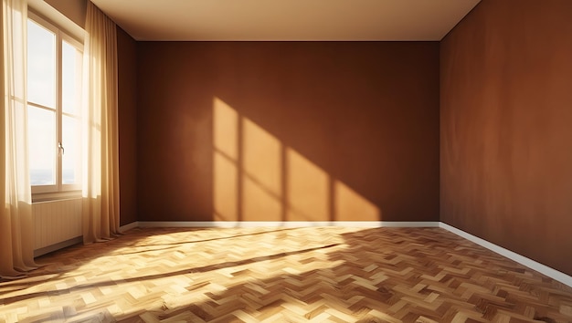 Photo wooden floor and brown wall studio room background with cozy sunlight from window