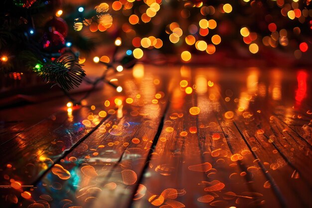 Wooden floor and christmas tree with lit candles