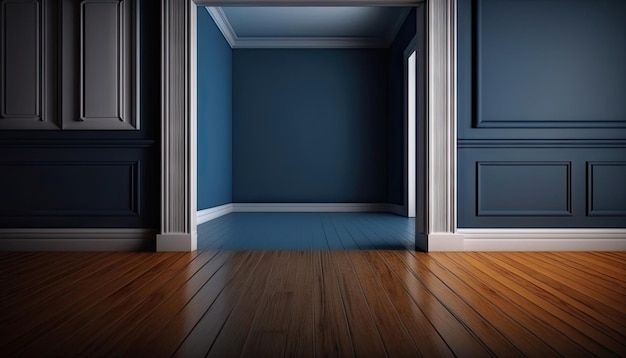 Wooden floor and dark blue wall empty room