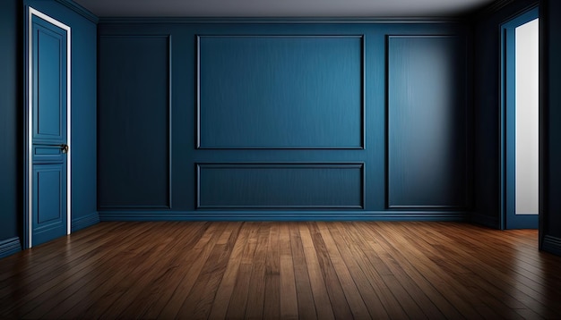 Wooden floor and dark blue wall empty room