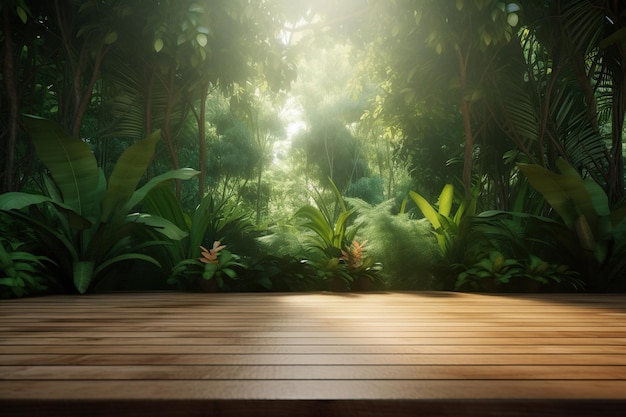 Wooden floor in the garden with green nature background Generative AI