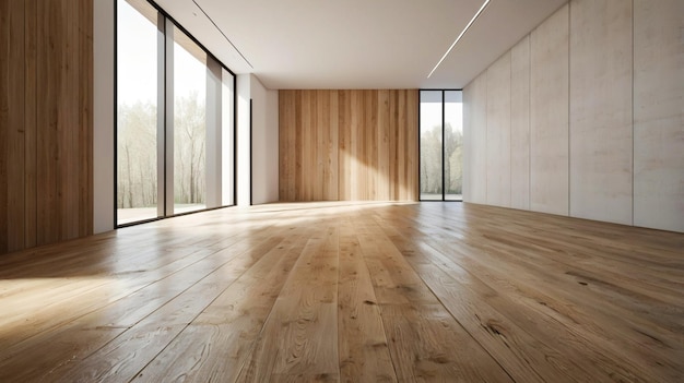 a wooden floor is a minimalist space with a wooden floor and a wooden wall that says natural