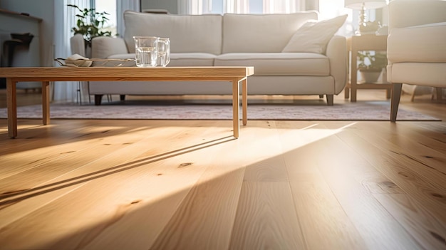 Photo a wooden floor in a living room with a light shining on it