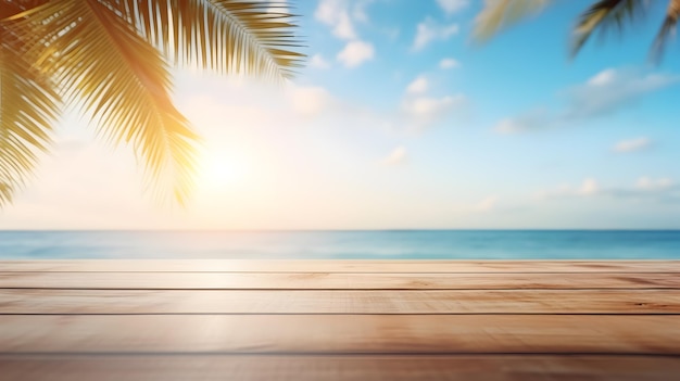 Wooden floor texture for product display on blurred sea and sand beach with palm leaf in summer