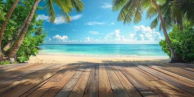 a wooden floor that has a view of the ocean and palm trees