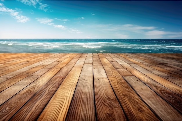 Wooden floor with a beautiful ocean view in the background