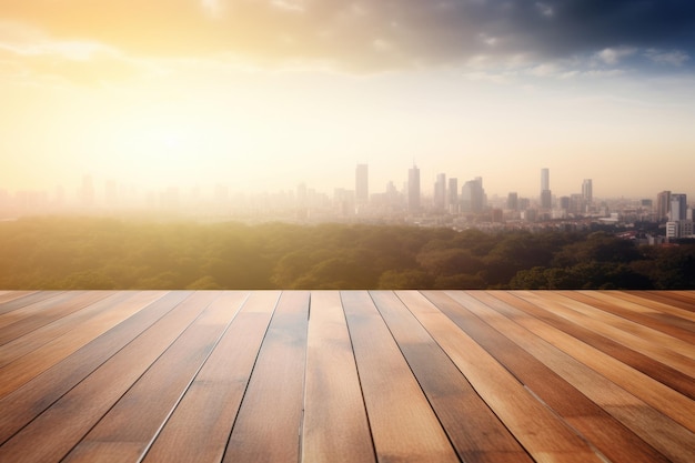 Wooden floor with a city in the background