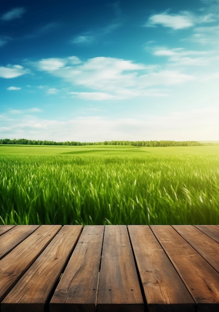 Wooden floor with a field and a blue sky