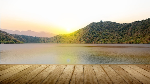 Wooden floor with the landscape of a lake