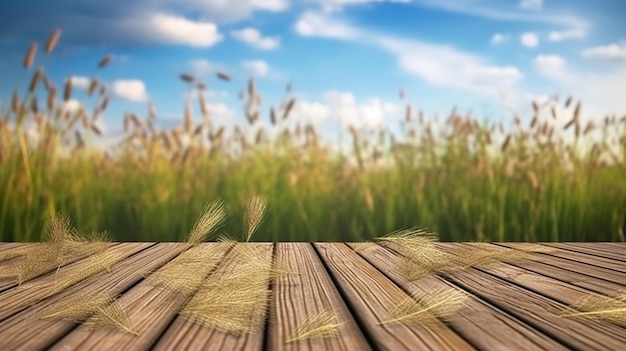 Wooden floor with meadow background against blue sky natural ecofriendly design