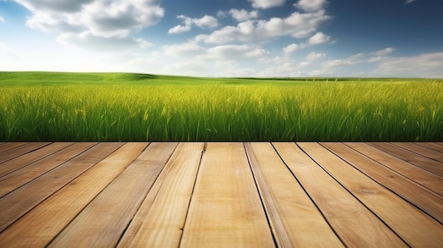 Wooden floor with meadow background against blue sky natural ecofriendly design