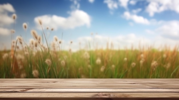 Wooden floor with meadow background against blue sky natural ecofriendly design