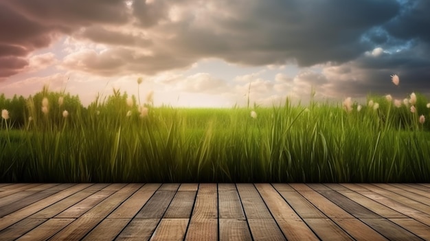 Wooden floor with meadow background against blue sky natural ecofriendly design