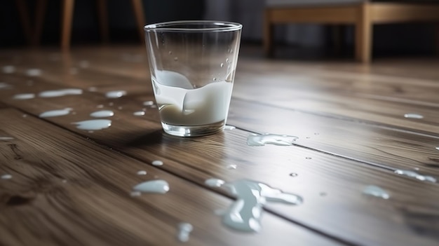 Wooden floor with overturned glass of white milk Spilled white milk on a wooden Generative Ai