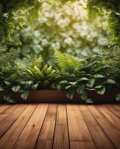 Wooden floor with plants in the foreground