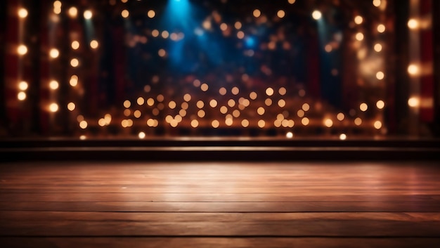 Wooden floor with spotlights on stage in a theater background