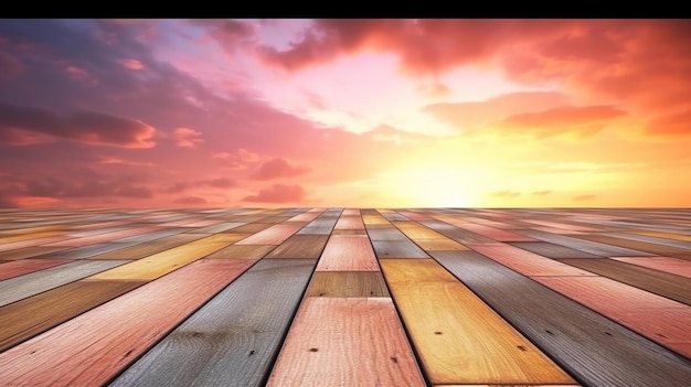 a wooden floor with a sunset in the background