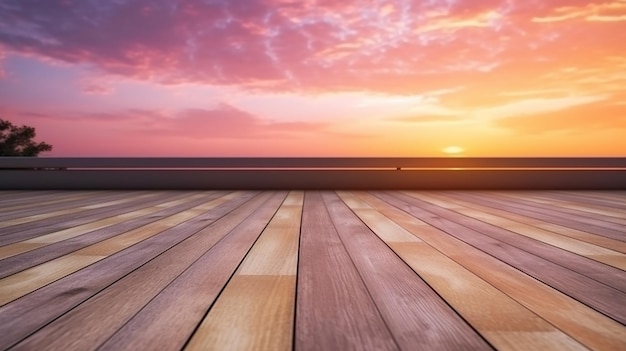 a wooden floor with a sunset in the background