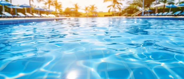 Wooden floor with swimming pool on sunny dayconcept of vacation at hotel or houseoutdoor garden