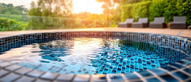 Wooden floor with swimming pool on sunny dayconcept of vacation at hotel or houseoutdoor garden