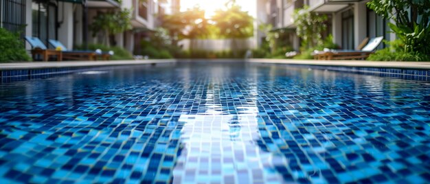 Wooden floor with swimming pool on sunny dayconcept of vacation at hotel or houseoutdoor garden