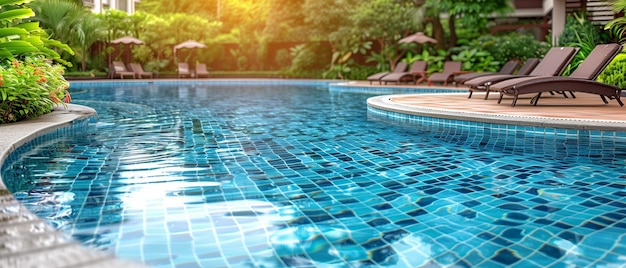 Wooden floor with swimming pool on sunny dayconcept of vacation at hotel or houseoutdoor garden