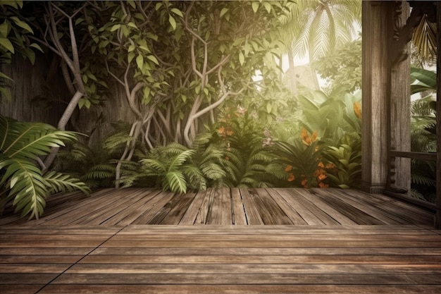 Wooden floor with tropical background Illustration AI GenerativexA