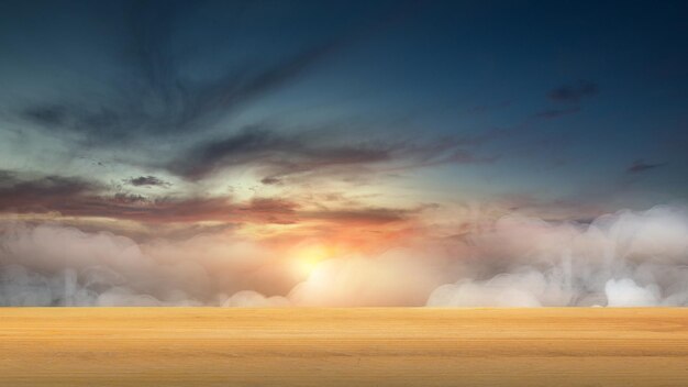 Wooden floor with a view of cloudscapes with sunlight