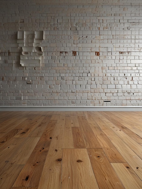 Photo wooden floor with white bricks wall background