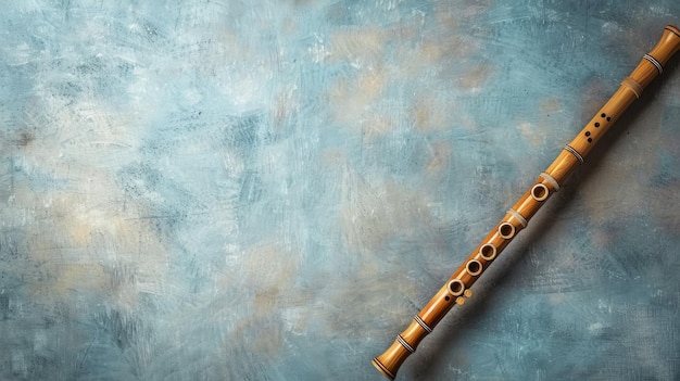 Photo wooden flute rests on mottled blue background