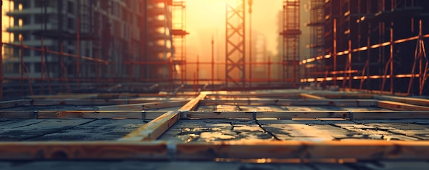 Wooden formwork laying on a concrete slab on a construction site with scaffolding