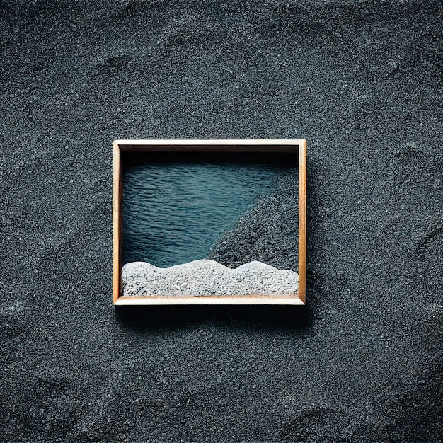 Wooden frame border on black sand with copyspace d render digital illustration