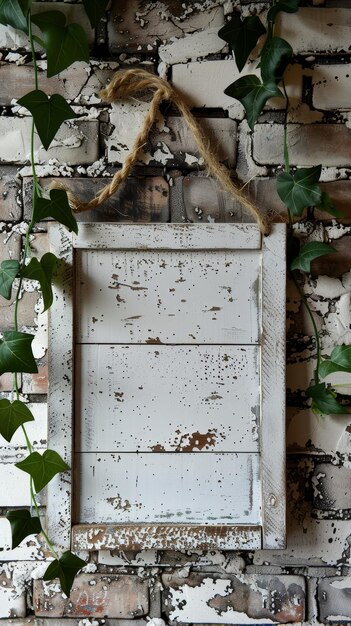 Photo a wooden frame on brick wall ivy creeping natural light filtering through creating a rustic ambiance