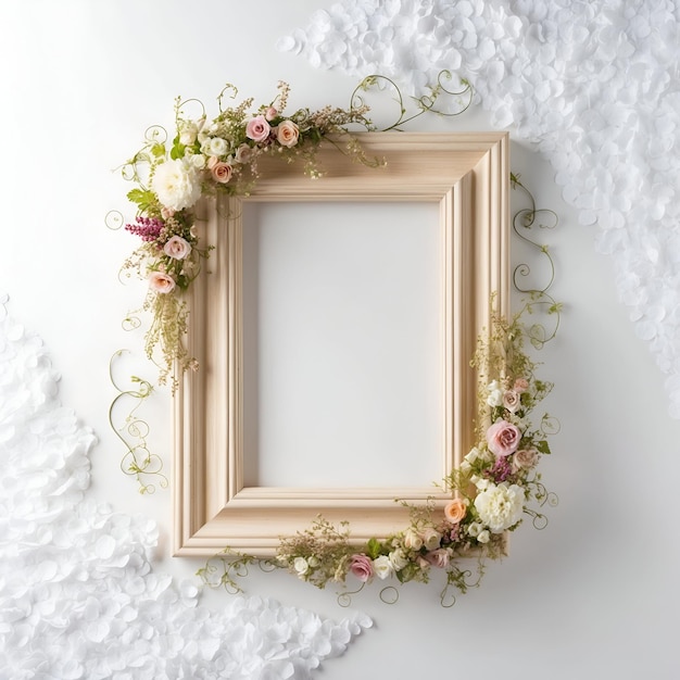 Wooden frame decorated with flowers and leaves around